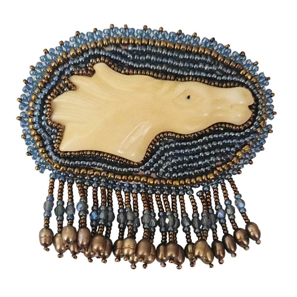Oval Beaded Dangle Boho Carved Tribal Horse Brooch